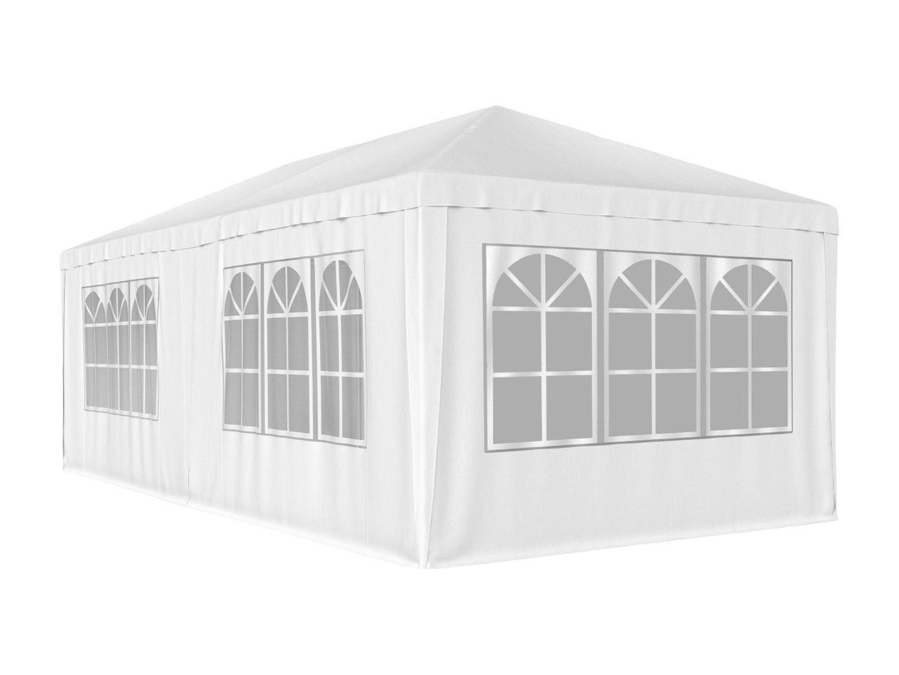 White party tent with arched windows on a white background.