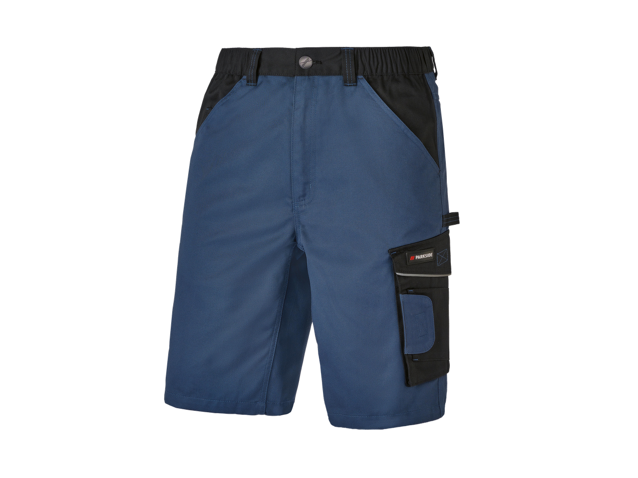 Kék és fekete munkás rövidnadrág oldalsó zsebbel és fényvisszaverő csíkkal.