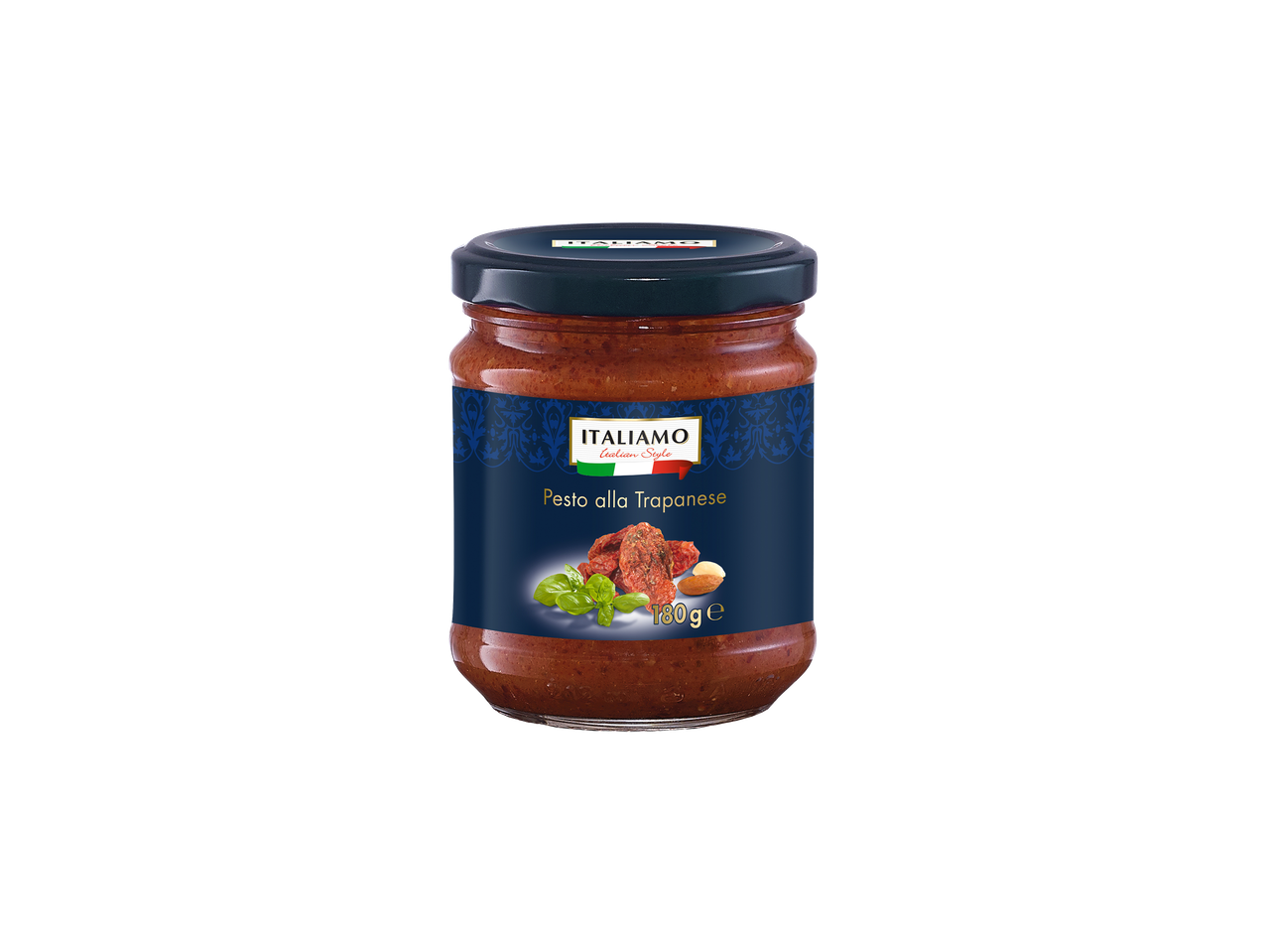 Un pot de pesto alla Trapanese avec des tomates séchées, du basilic et des amandes.