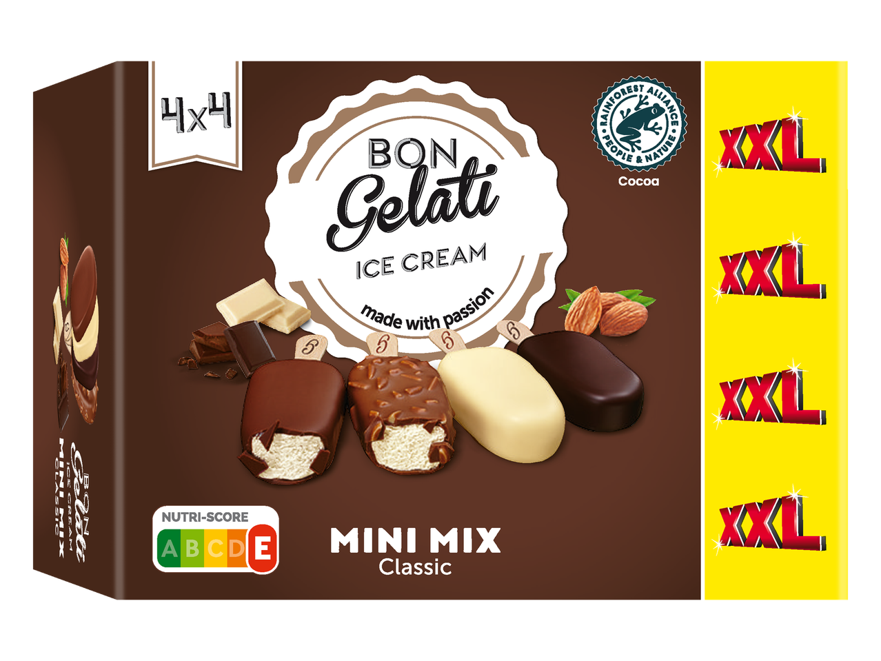 Embalagem de sorvetes Bon Gelati Mini Mix Classic, com quatro palitos em sabores de chocolate, avelã e branco.