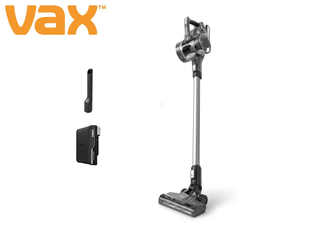 Cordless stick vacuum cleaner with a battery pack and crevice tool.