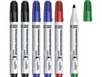 Six whiteboard markers in black, blue, red, and green