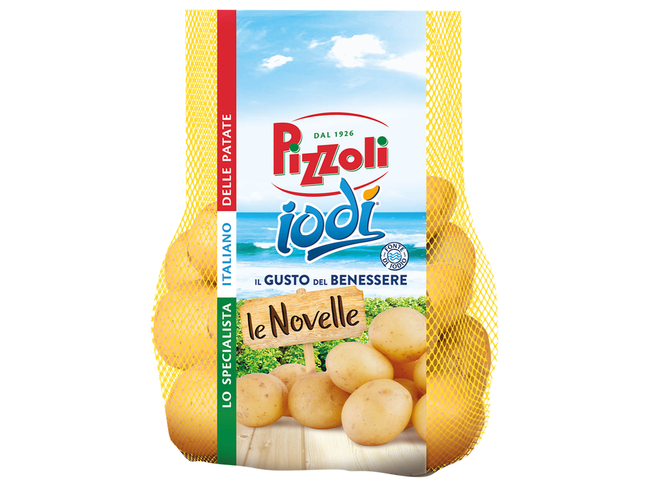 Pizzoli Iodi potatoes in a yellow mesh bag, with a blue sky and ocean background.