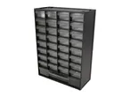 Black storage cabinet with multiple clear drawers for small parts, with a larger drawer at the bottom.