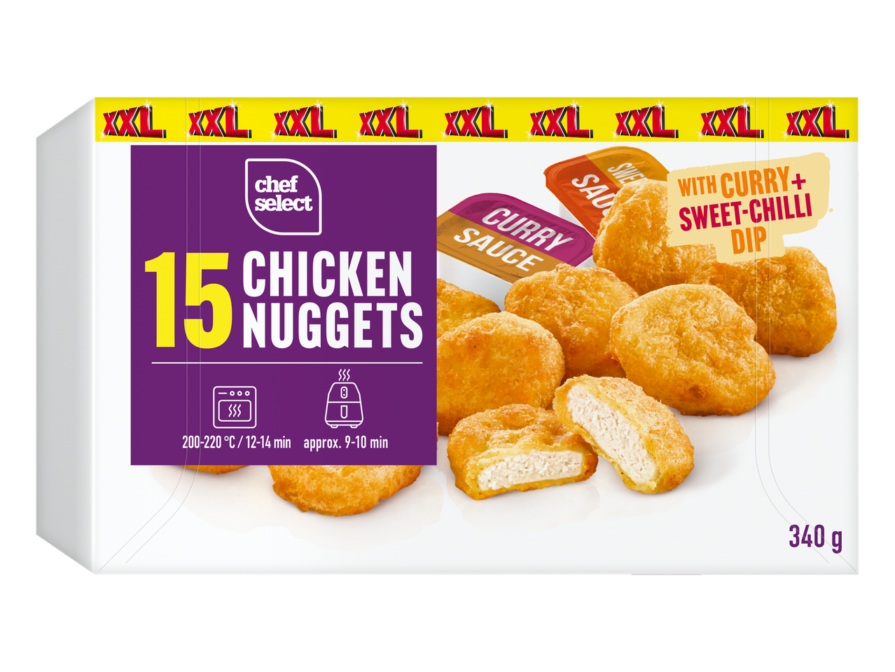 Nuggets de frango Chef Select XXL com molhos de caril e pimenta doce, 340g.