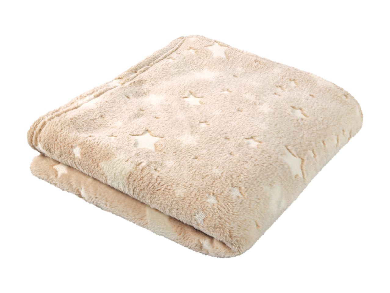 En blød, beige fleece-plaid med stjernemønster, foldet pænt sammen.