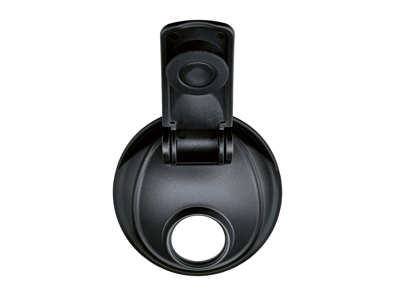 Black plastic shaker bottle lid with an open flip-top cap