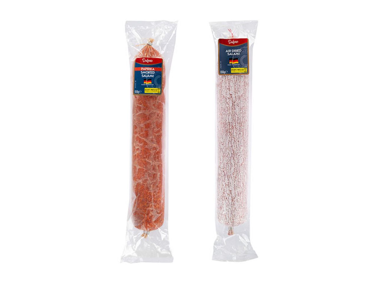 Two packaged salamis, one paprika smoked and one air-dried, both with German flags on their labels.