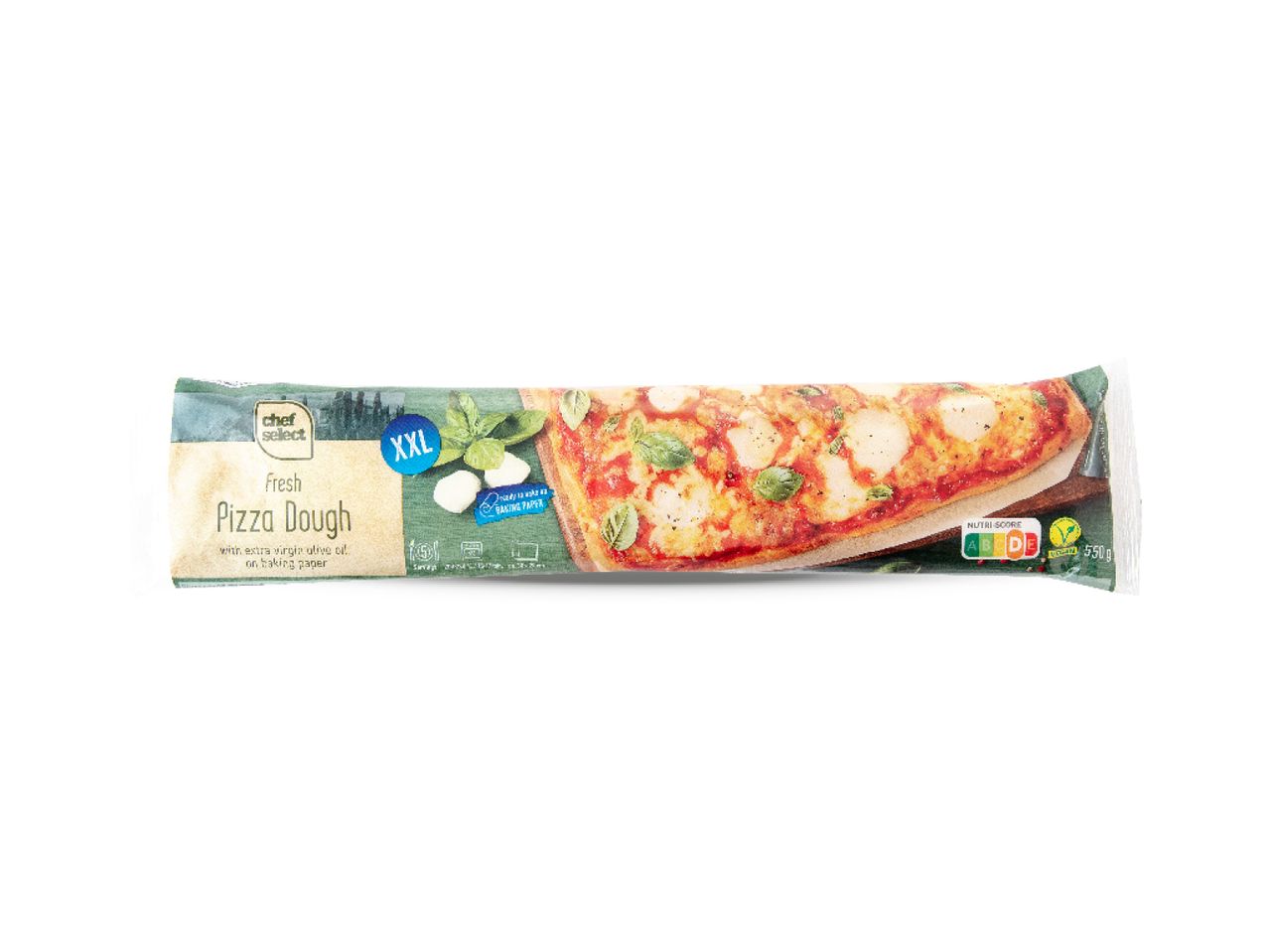 Pakiranje svježeg tijesta za pizzu s oznakom XXL i slikom gotove pizze.