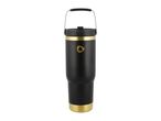 Black and gold insulated travel mug with a handle
