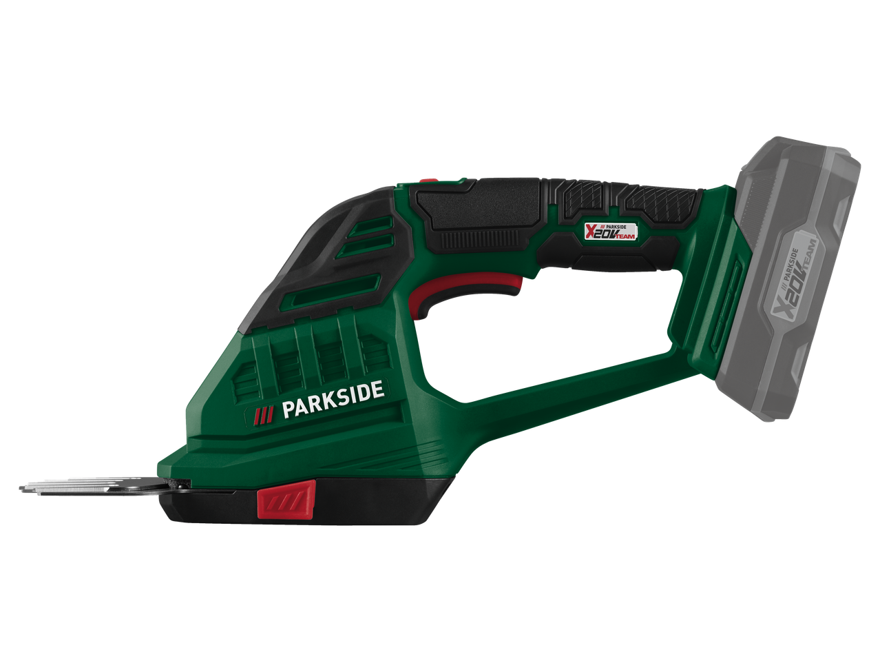 Bezvadu zāles un krūmu šķēres ar noņemamu akumulatoru.