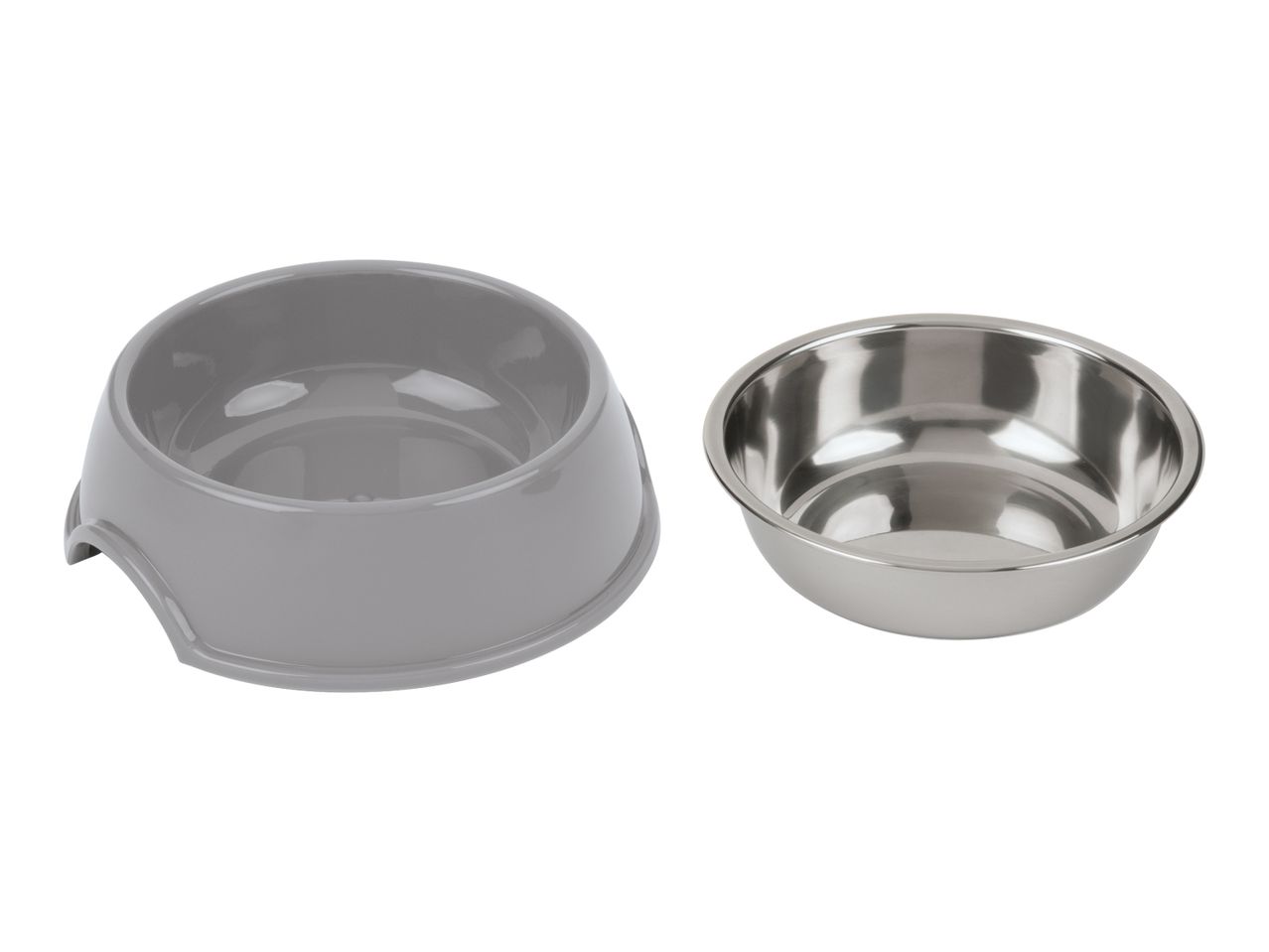 Grey plastic pet bowl with a removable stainless steel insert.