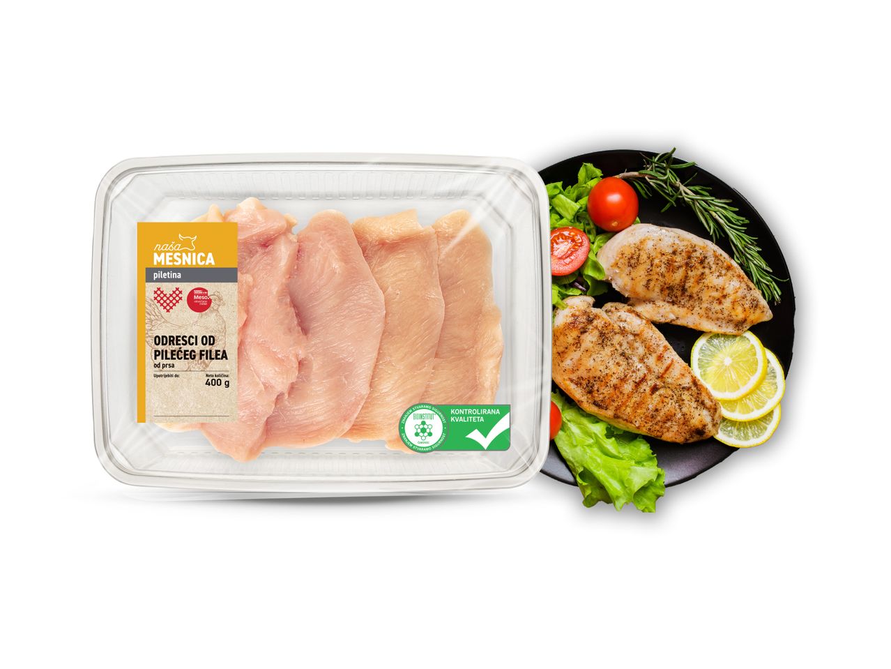 Pakiranje pilećih filea Naša mesnica i tanjur s grilanom piletinom i salatom.