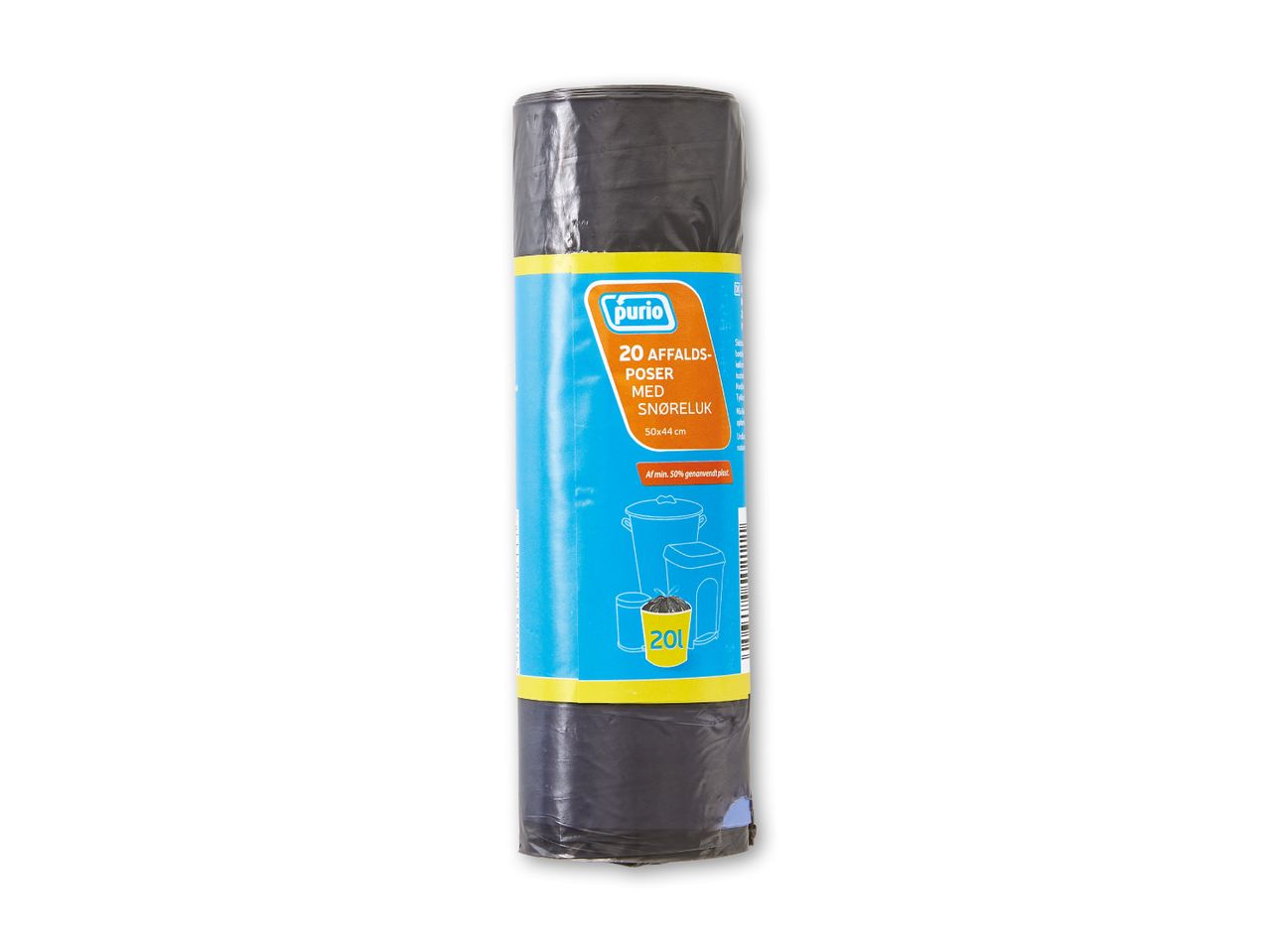 Rulle med 20 sorte affaldsposer med snøreluk, 50x44 cm, 20L, lavet af min. 50% genanvendt plast.