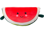 A plush watermelon slice with a smiling face and small green arms.