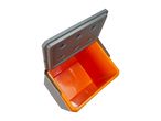 Open gray and orange cooler box with a hinged lid, viewed from above.