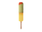 Gelado premium Gelatelli no palito com camadas laranja, amarela e verde, com topo vermelho.
