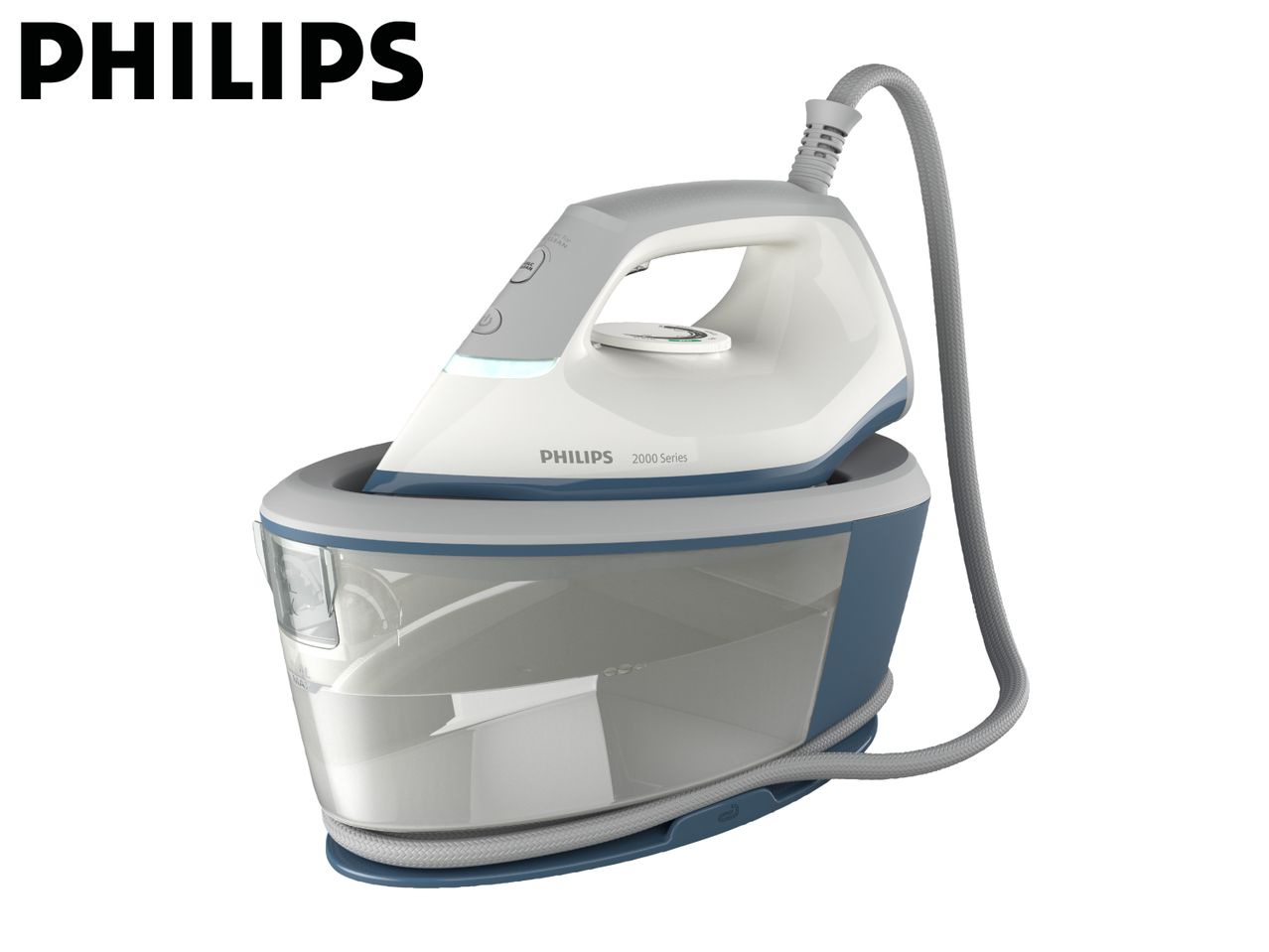 White and blue steam generator iron with a large water tank, 2000 Series.