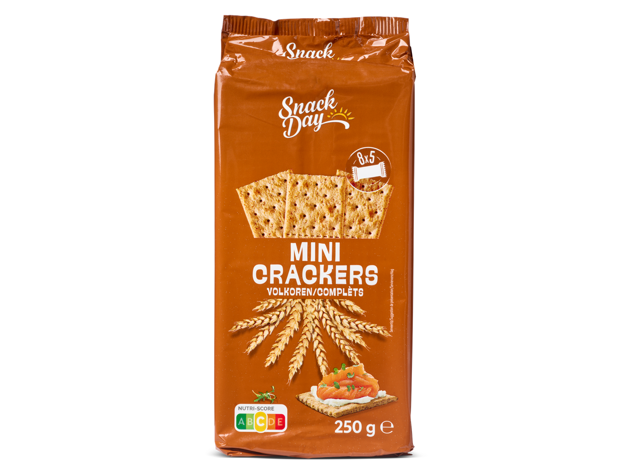 Snack Day mini crackers: volkoren, 250g.
