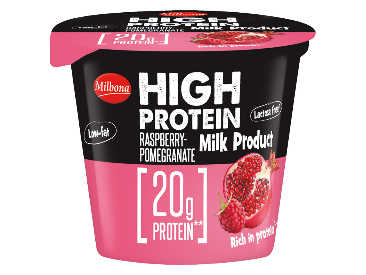 Milbona High Protein Framboos-Granaatappel Melkproduct, mager, lactosevrij, 20g eiwit.