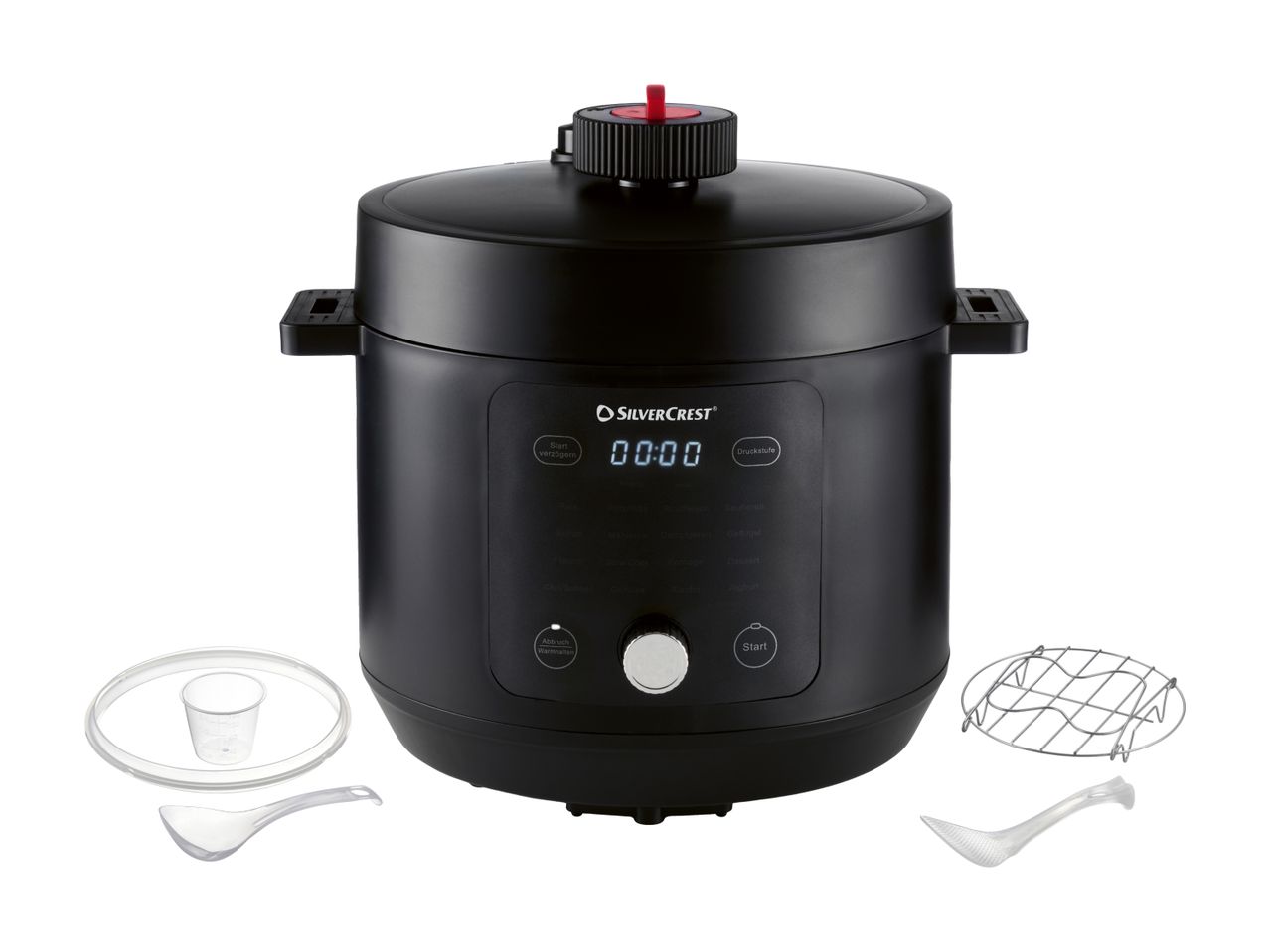 Pentola a pressione SilverCrest nera con accessori.