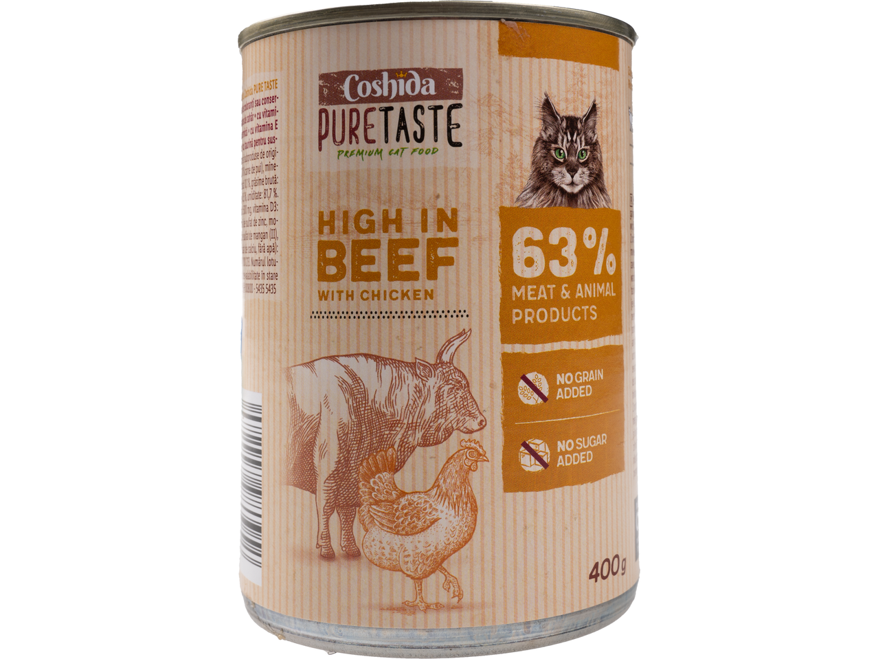 Mâncare pentru pisici Coshida PureTaste: conservă cu vită și pui (63%).