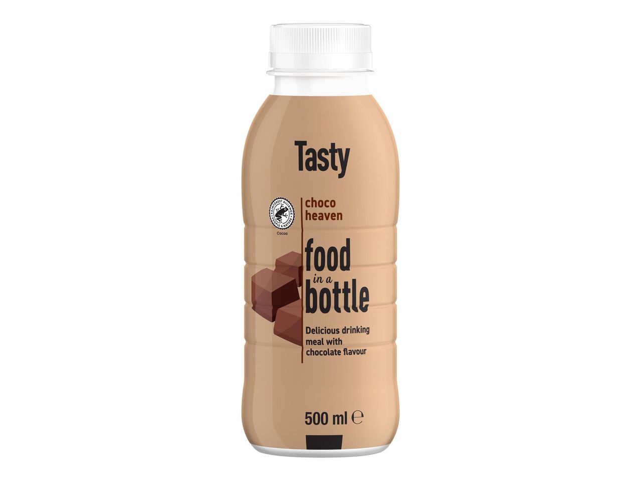Egy barna színű, „Tasty choco heaven food in a bottle” feliratú italosüveg, 500 ml-es kiszerelésben.