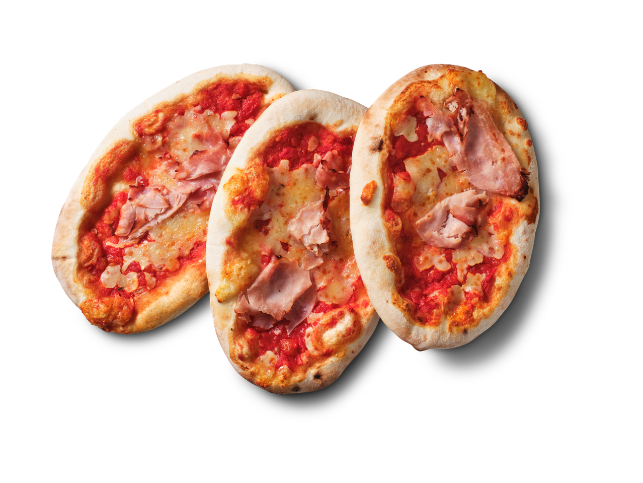 Trys ovalios mini picos su pomidorų padažu, sūriu ir Prosciutto kumpiu.