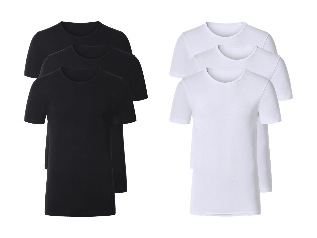 Seks ensfarvede T-shirts, tre sorte og tre hvide, arrangeret i to grupper.