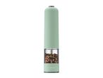 Light green electric pepper mill with a clear chamber filled with peppercorns.