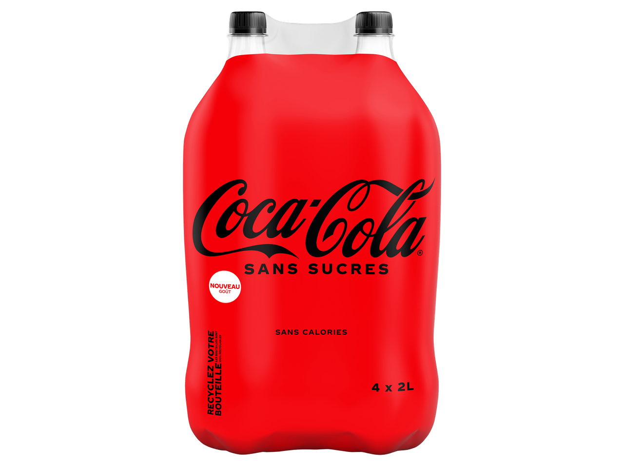 Pack de 4 bouteilles de boisson gazeuse rouge sans sucres et sans calories, 2L chacune.