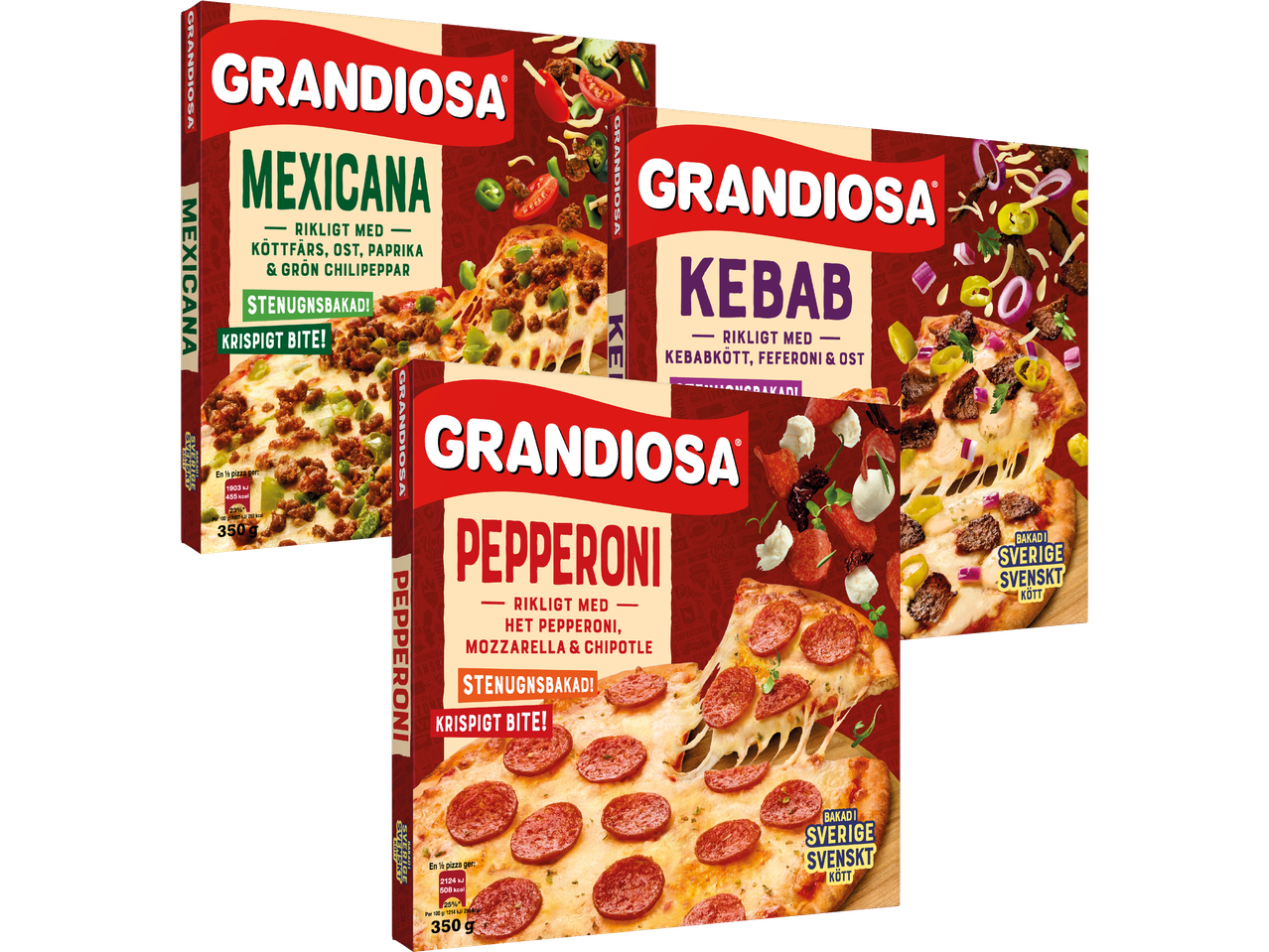 Tre Grandiosa pizzor: Mexicana, Kebab och Pepperoni.