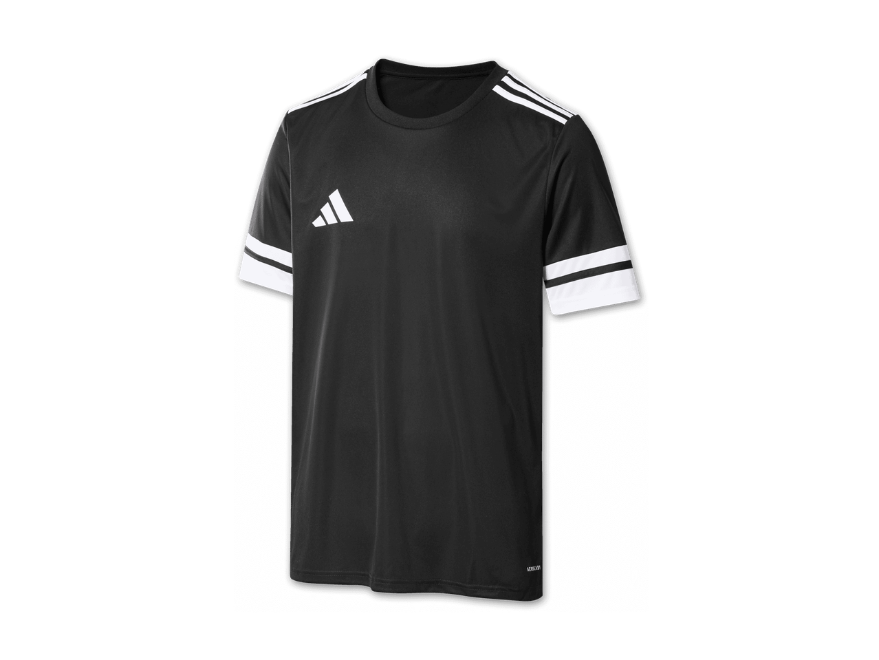 Schwarzes Sportshirt mit weißen Streifen auf den Schultern und Ärmeln