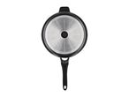 Bottom view of a black frying pan with an induction base