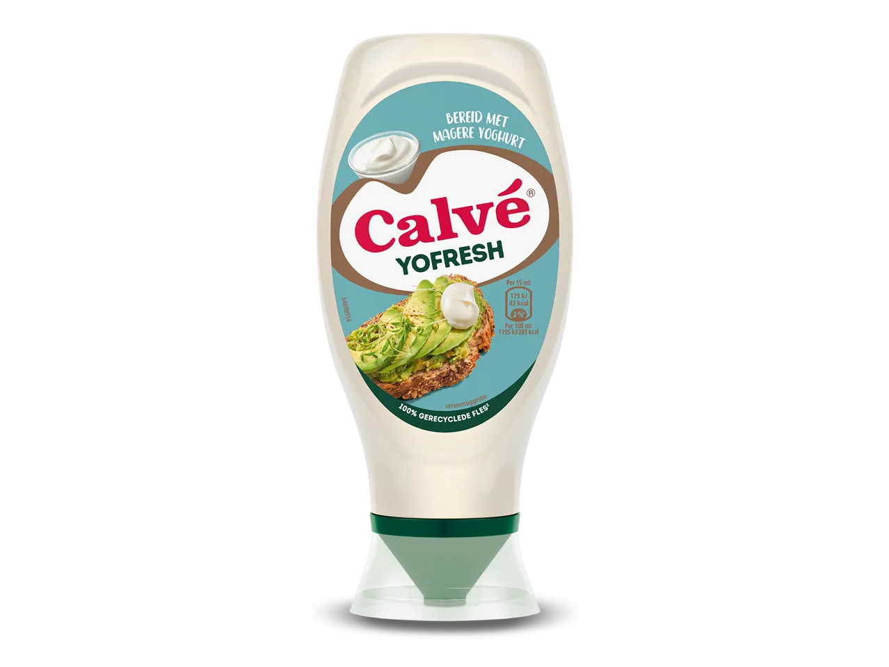 Een fles yoghurtsaus met een afbeelding van een broodje avocado op het etiket.