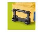 Close-up of the bottom of a yellow trolley bag with black wheels and a blue side panel.