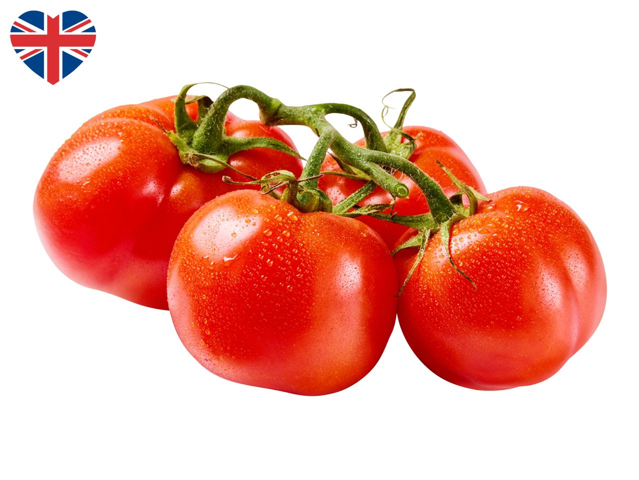 Fresh red tomatoes on the vine with water droplets, and a heart-shaped Union Jack flag.