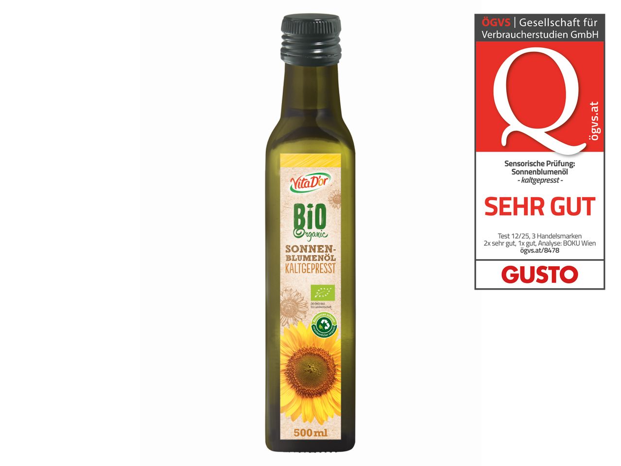 Vita D'or Bio Sonnenblumenöl kaltgepresst, 500ml, mit „Sehr Gut“ Bewertung