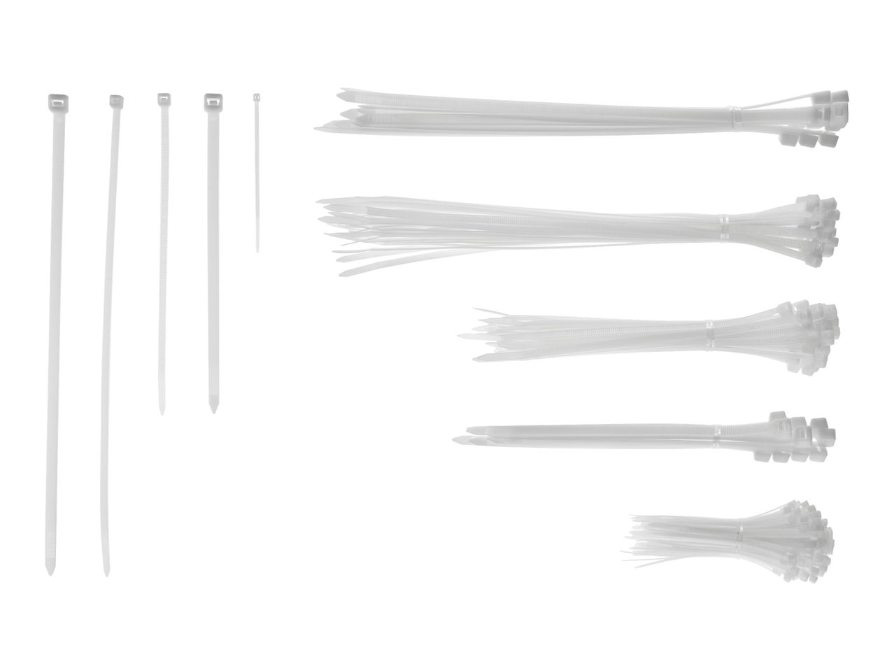 Various sizes of white cable ties, both individual and bundled, against a white background.