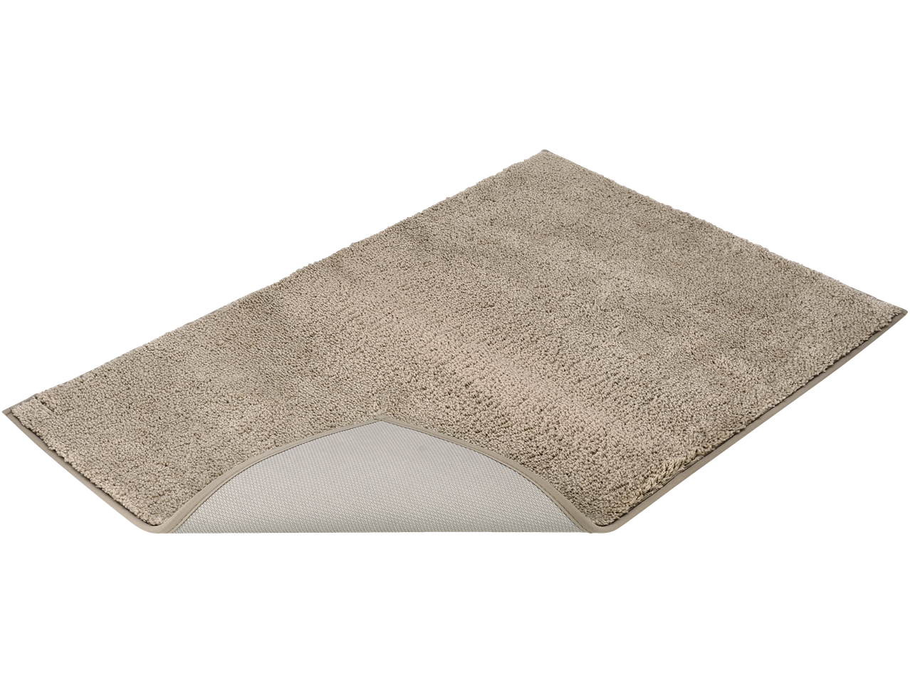 Beež vannitoamatt libisemisvastase alusega, nurga all, et näidata tekstuuri ja alumist külge.