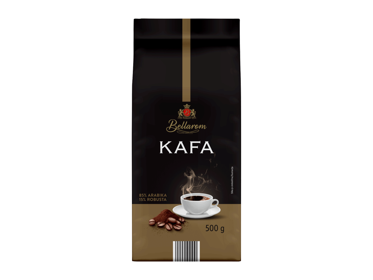Pakovanje kafe sa šoljicom kafe, zrnima i mlevenom kafom, sa natpisom 'KAFA' i '85% ARABIKA 15% ROBUSTA'.