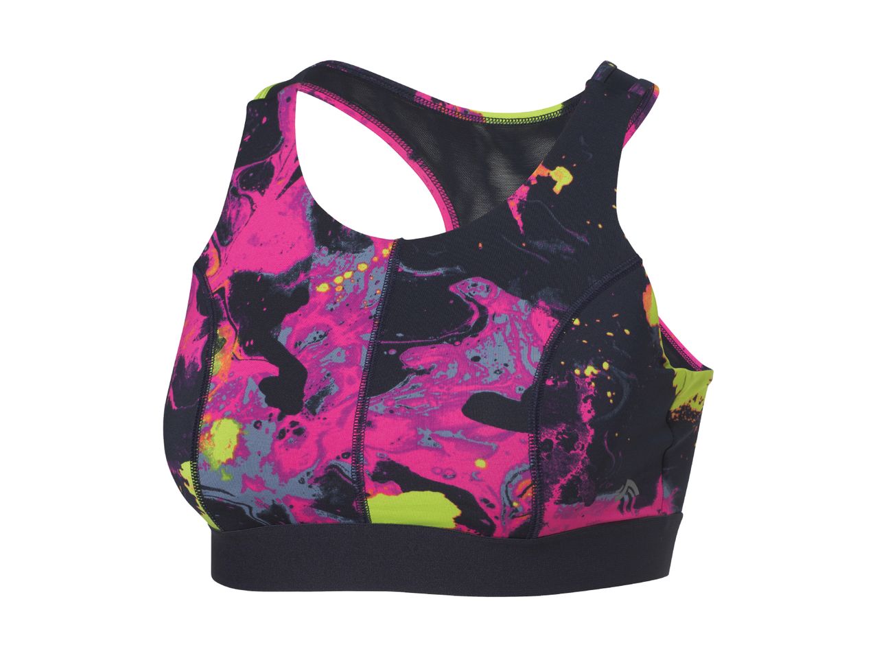 En sporty sports-bh med et farverigt, abstrakt print.