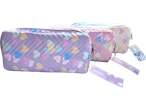 Purple and pink Supreme Stationery cosmetic bags with heart pattern.
