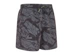 Men's grey swim shorts with a dark abstract pattern and a neon yellow drawstring.