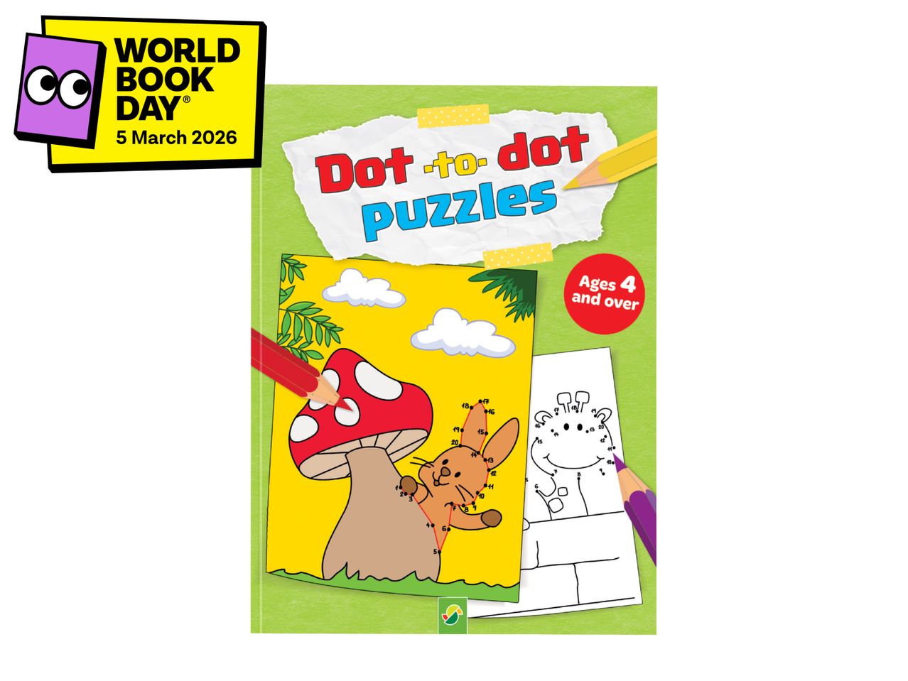 Dot-to-dot puzzles book for ages 4 and over, with a World Book Day 2026 sticker.