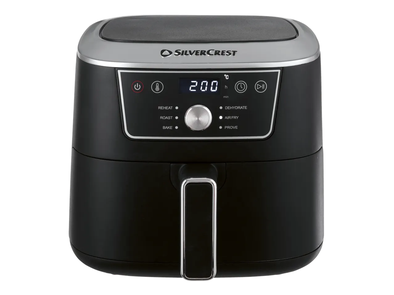 Crna friteza na vruć vazduh sa digitalnim ekranom koji prikazuje 200 stepeni Celzijusa i raznim funkcijama kuvanja.
