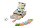 Wooden toy cash register with play money, credit card, and product cards.