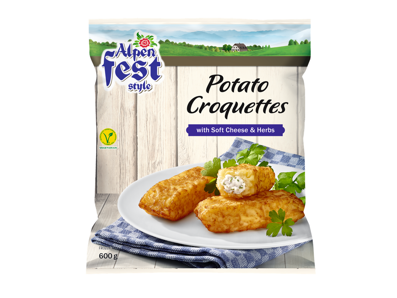 Alpen Fest Style aardappelkroketten met zachte kaas & kruiden (600g diepvries).