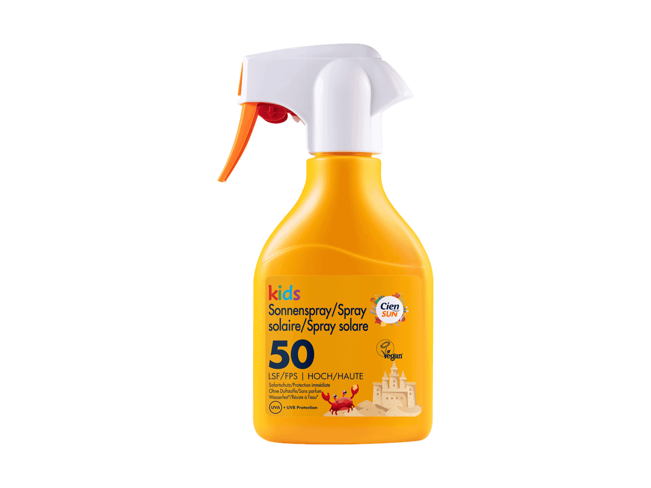 Sonnenspray für Kinder mit LSF 50, hohem Schutz, wasserfest und vegan.