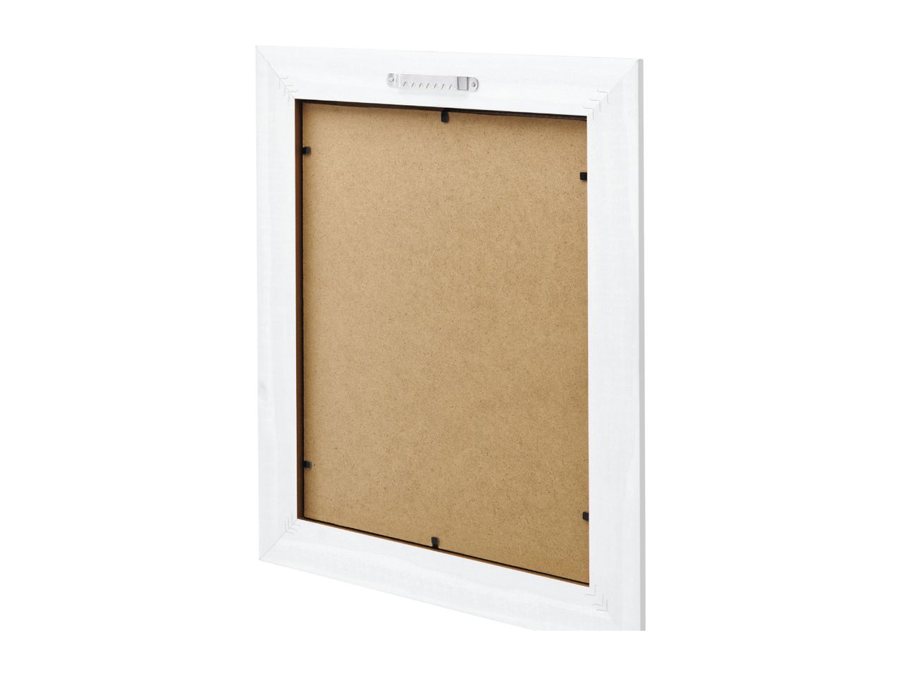 Back of a white wooden picture frame with a hanging bracket